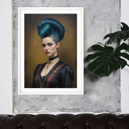 a painting of a woman with blue hair