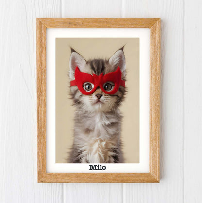 Children's Superhero Cat portrait, Fluffy Kitten print superhero gift