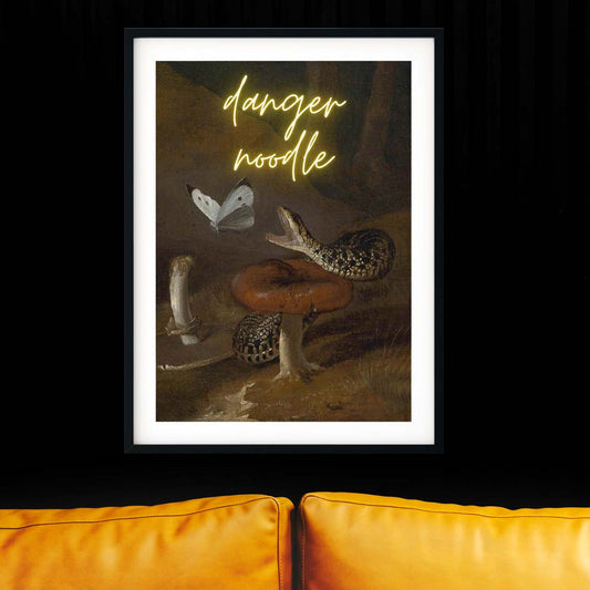 Danger Noodle neon art, vintage oil paintings snake print