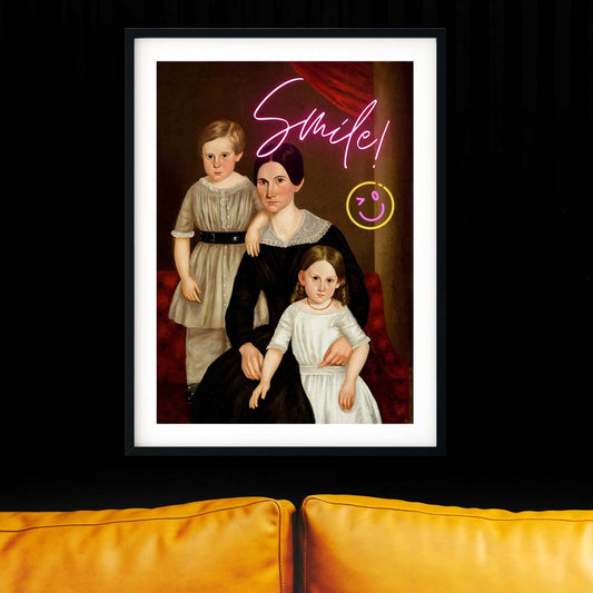 Smile purple neon art, vintage oil family painting funky prints