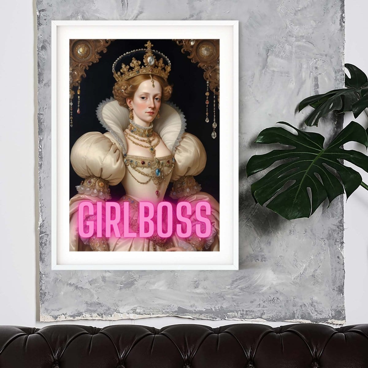 a picture of a woman with a crown on her head and the word girl boss