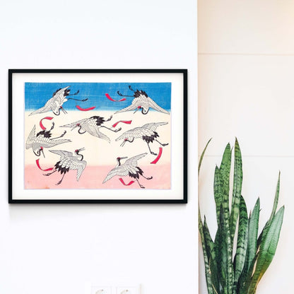 Framed Flying Cranes Print, Hiroshige Japanese Wall Art print Japanese Art Print