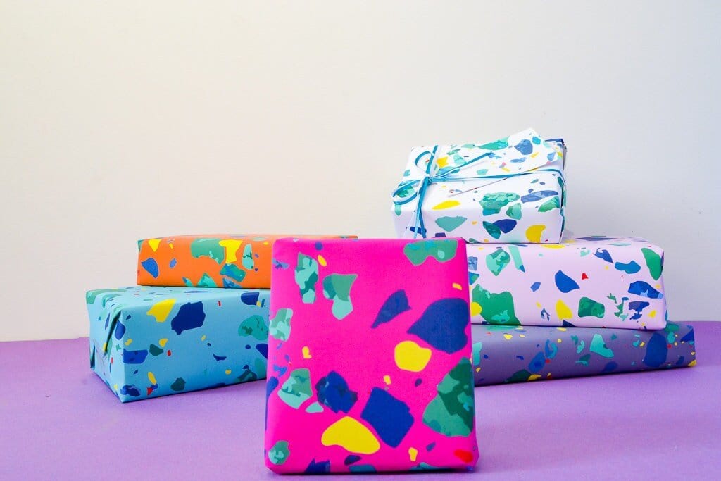 Grey Terazzo Wrapping Paper concrete gift tag Set, Colourful Illustration pattern chic wrapping paper, Fun Luxury Gift Wrap Birthday Wrap