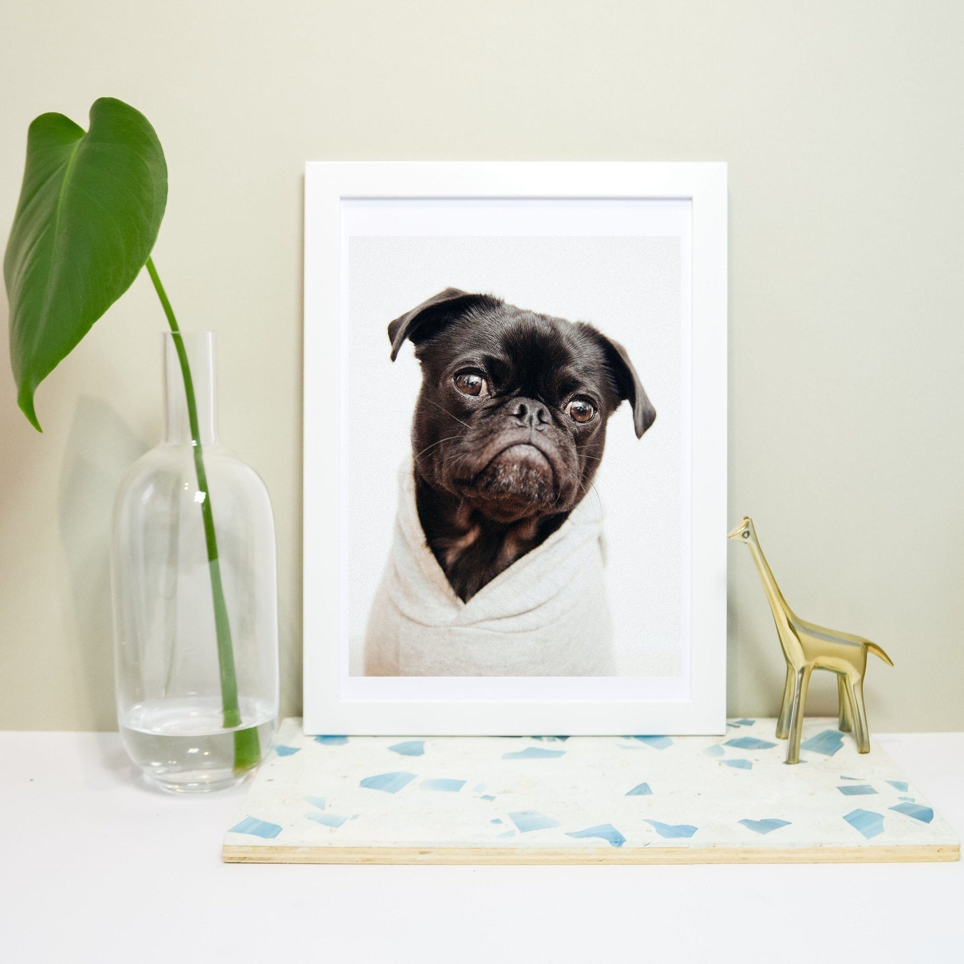 Framed Pug Print, pug in a hoodie dog print, pug wall art photography print, dog in clothes animal wall art dog art print Photography Prints