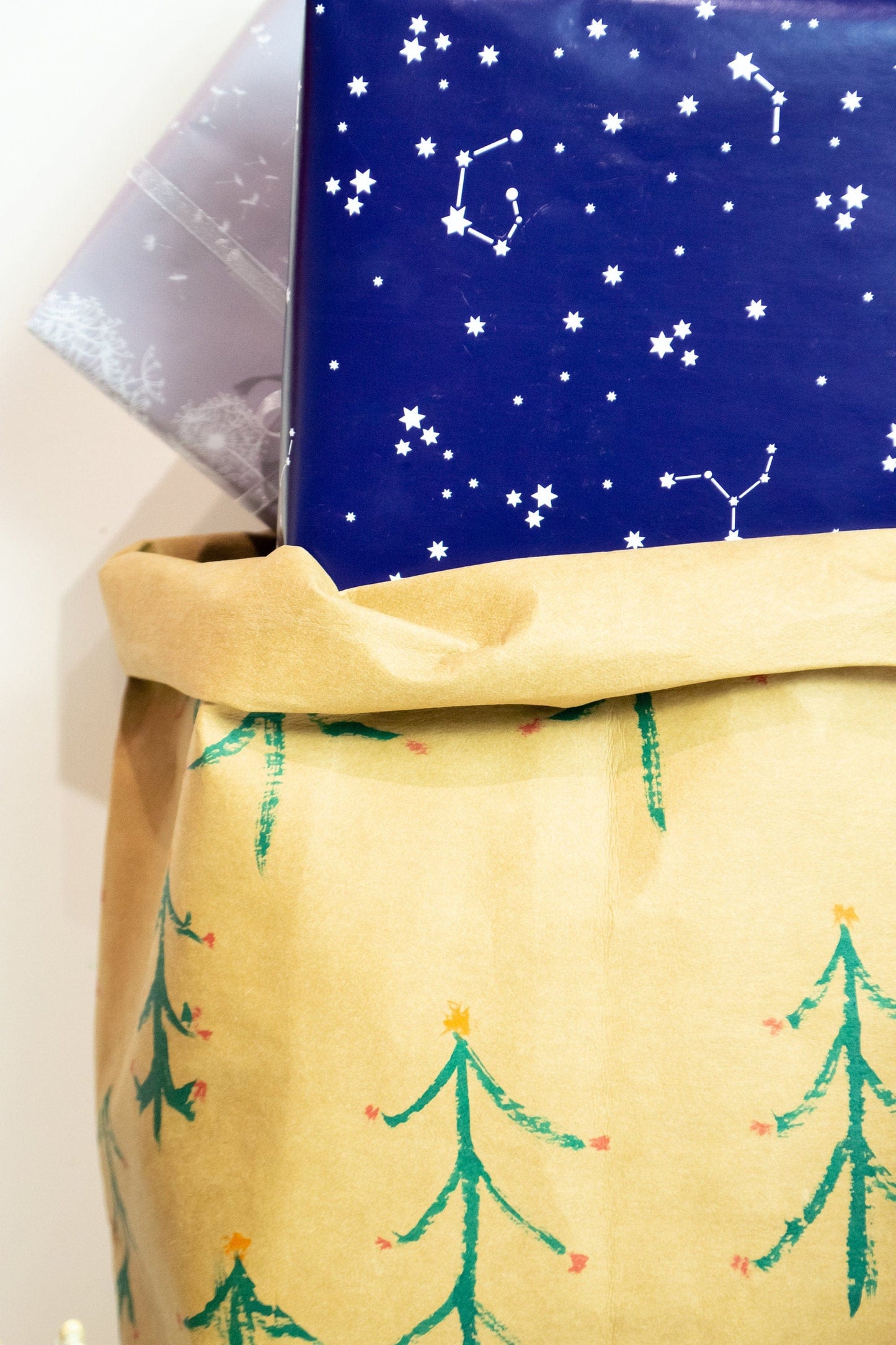 Hand painted Christmas Tree paper planter, washable paper bag christmas sack, christmas tree plant pot bag