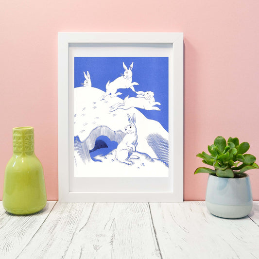 Rabbits in Snow - Framed Vintage Childrens Animal Nursery Canvas Wall Art Decor Print, Winter bunnies in A4, A3, A2