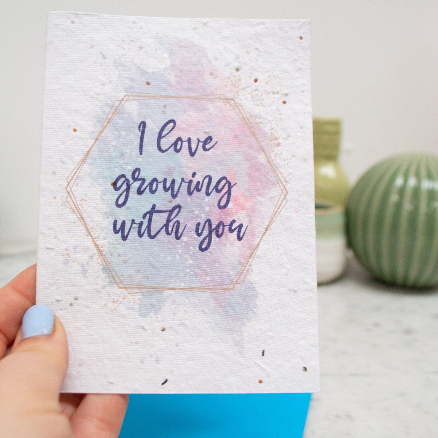 Typography and watercolour splash, plantable seed card, blank card