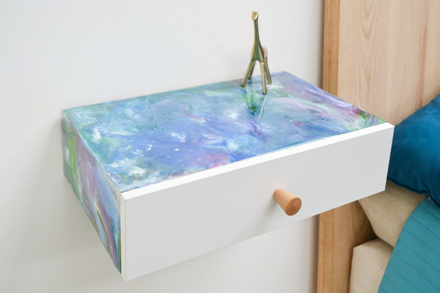 Resin Art Floating Bedside Drawer, small bedside wall hanging nightstand