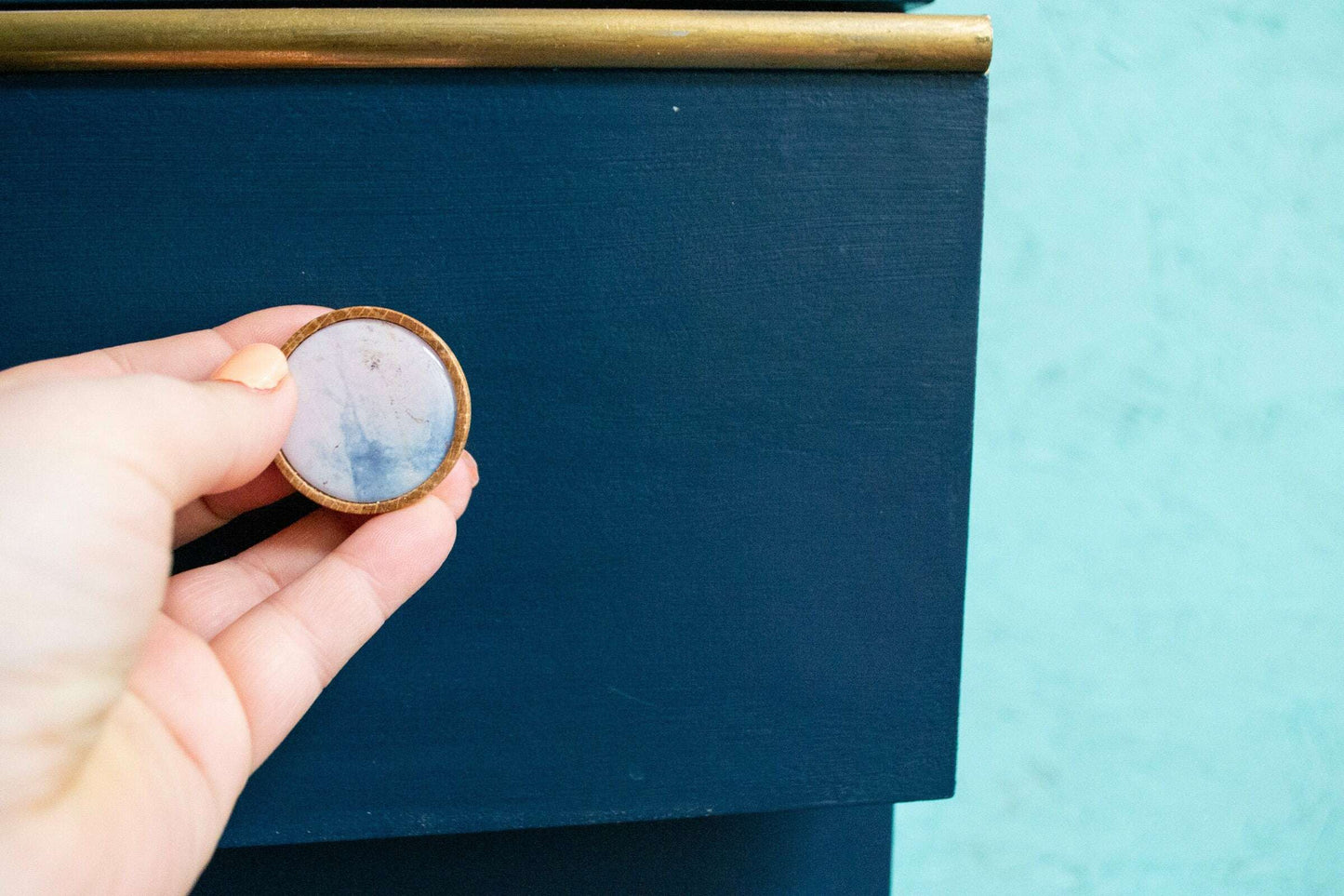 Blue white Marble Knob Oak wood Minimalist drawer knob handle