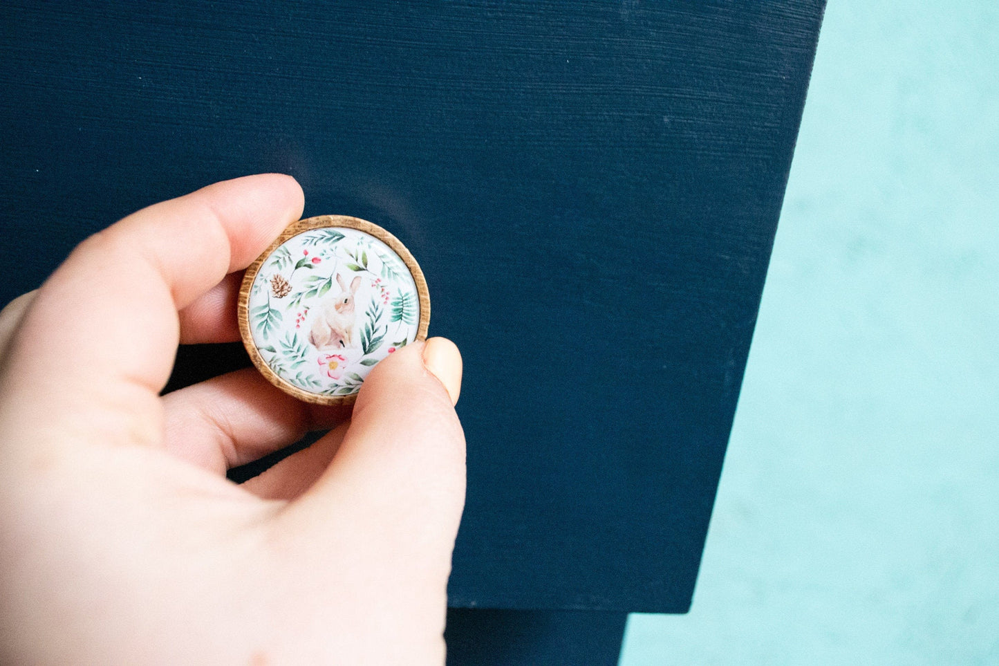 Set of 4 woodland print animal Knobs, wooden handle nursery knob