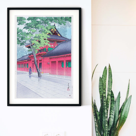 Framed Japanese Rain at Sanno Shrine Art Print, Hasui Japanese Poster Japanese Art Print