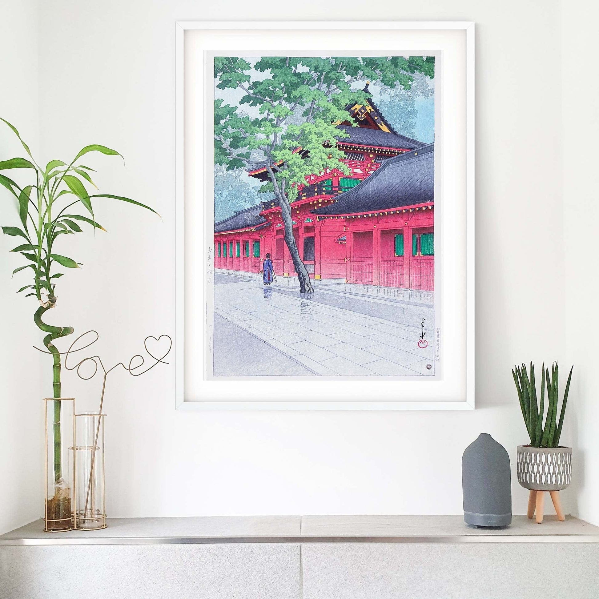 Framed Japanese Rain at Sanno Shrine Art Print, Hasui Japanese Poster Japanese Art Print