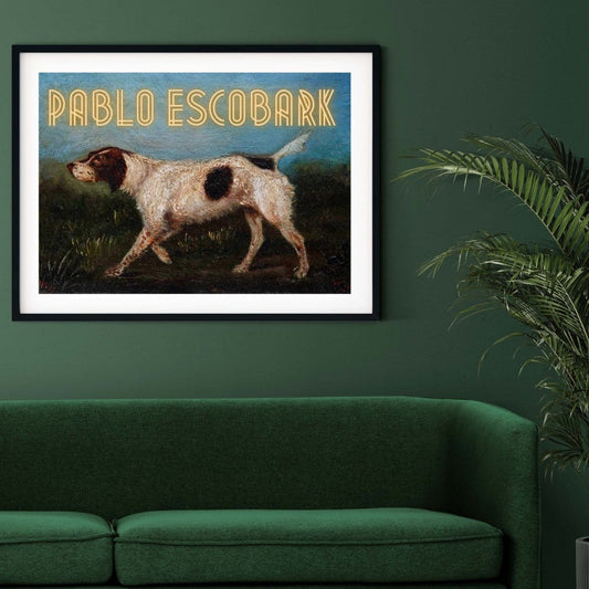 Pablo Escobark neon art, vintage oil paintings dog art