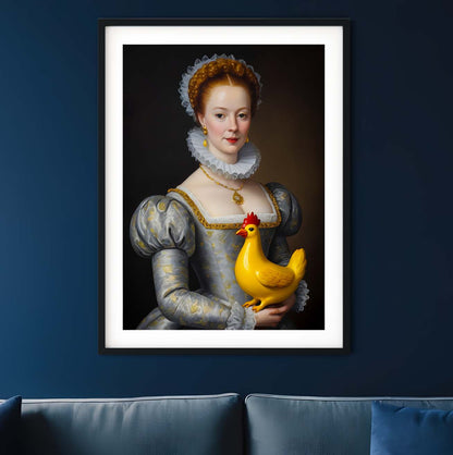 a painting of a woman holding a yellow chicken