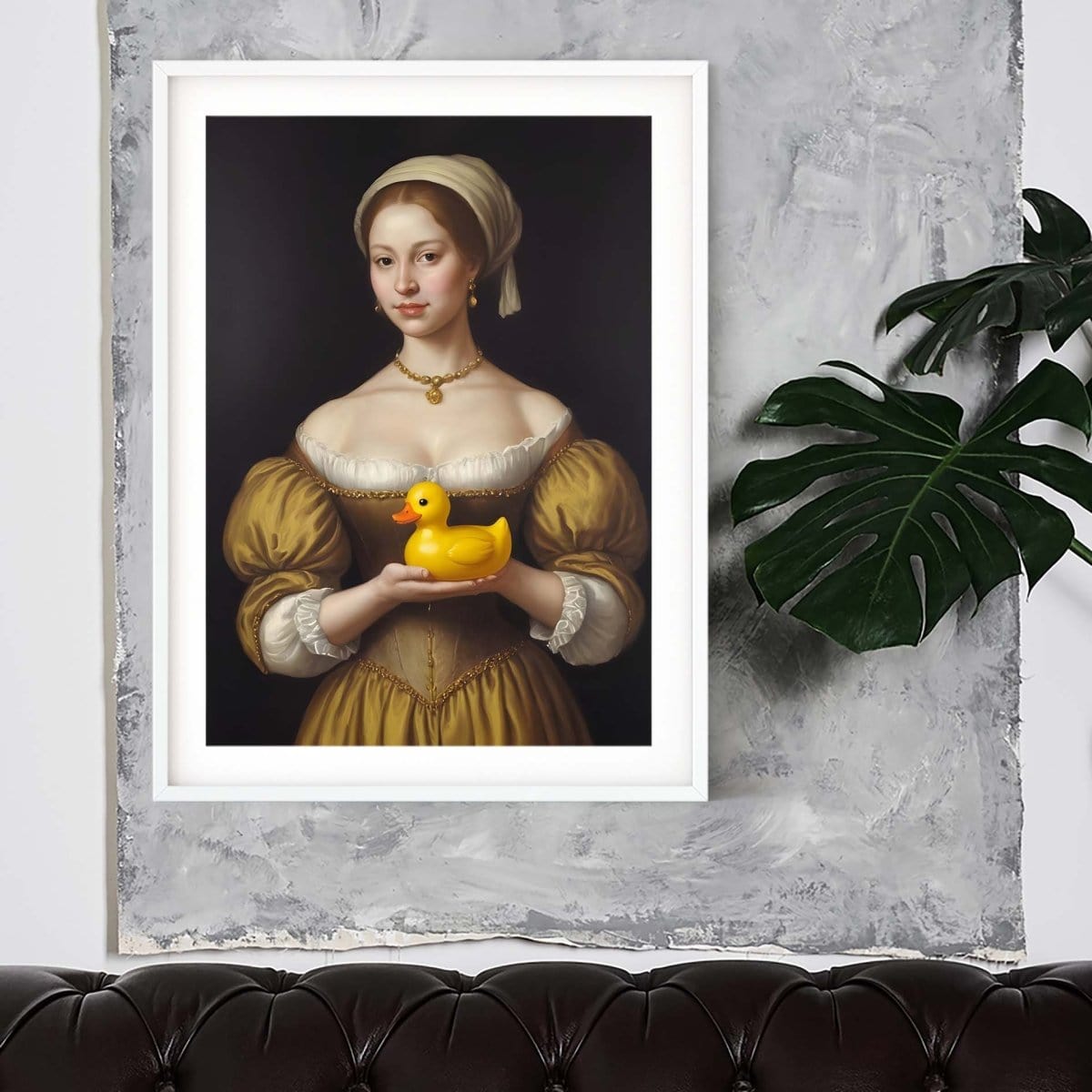 a painting of a woman holding a rubber duck
