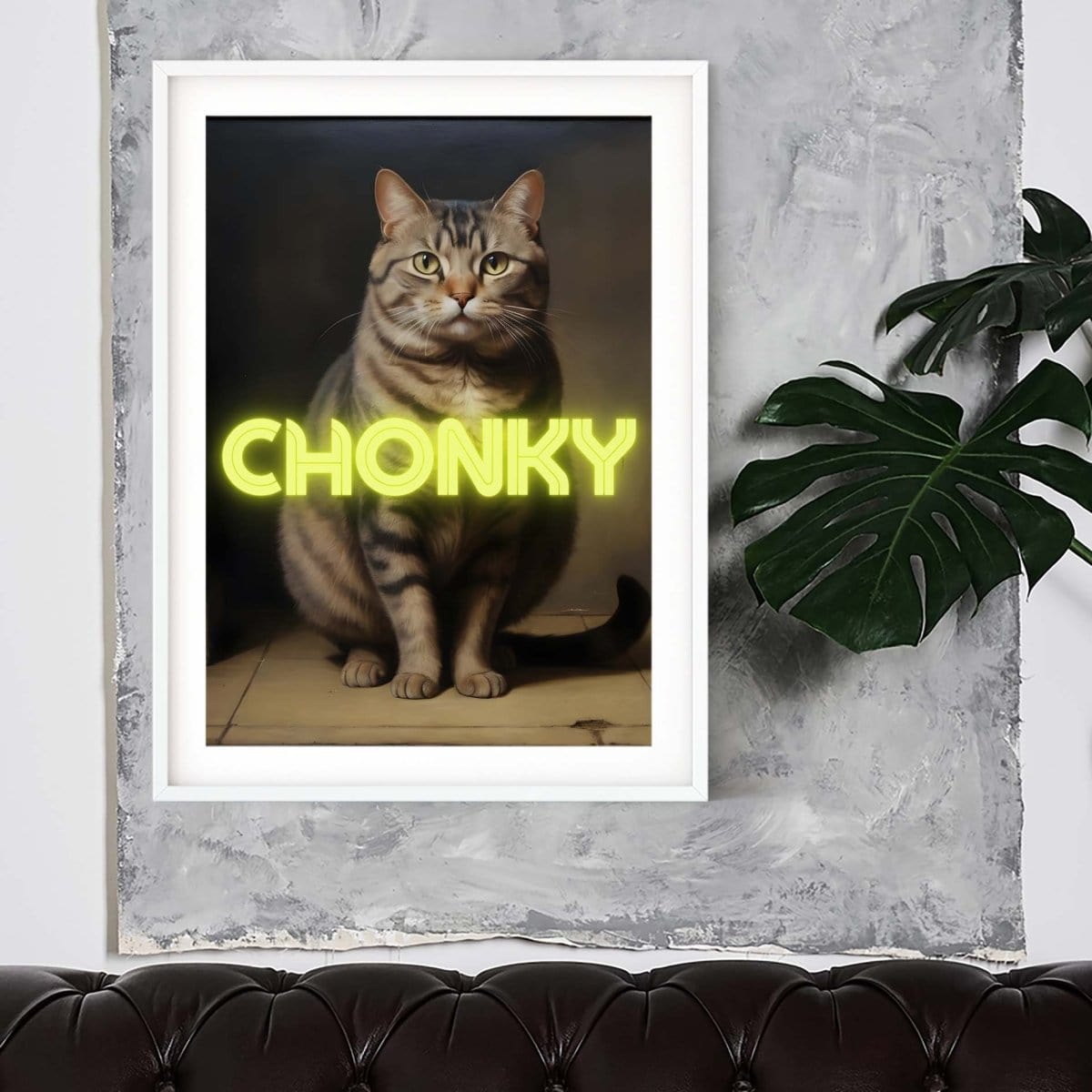 a picture of a cat with the word chonky lit up in front of