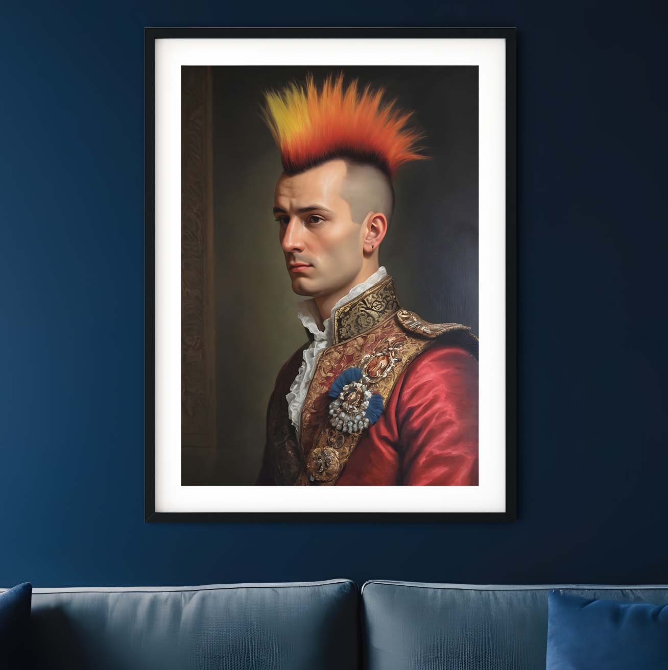a painting of a man with a mohawk in a blue room