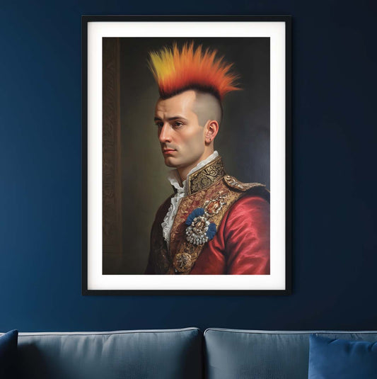 a painting of a man with a mohawk in a blue room