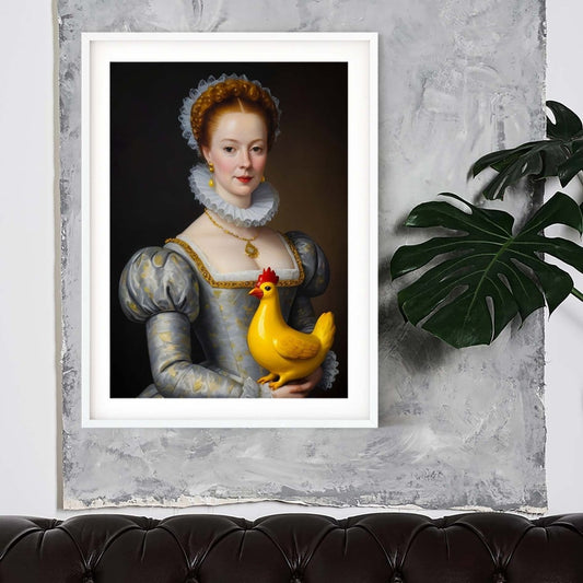 a painting of a woman holding a yellow duck
