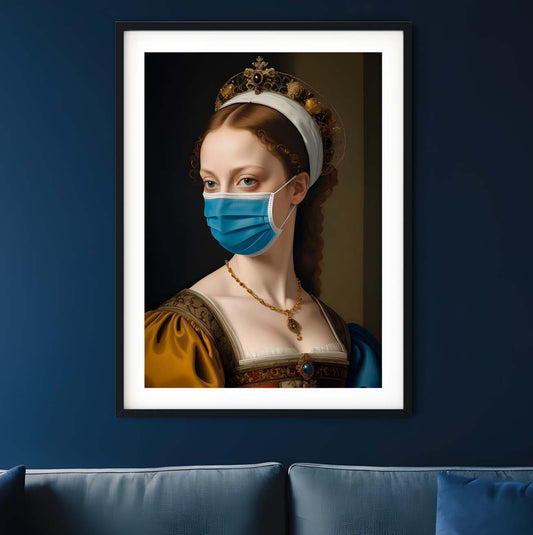 a painting of a woman wearing a surgical mask