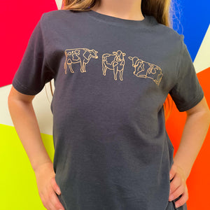 Farmer T Shirt, with line art cows on blue