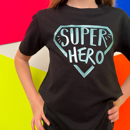 Metallic Superhero T Shirts, super hero shirts for boys, girls or teens