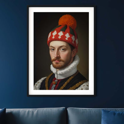 a painting of a man wearing a red and white hat