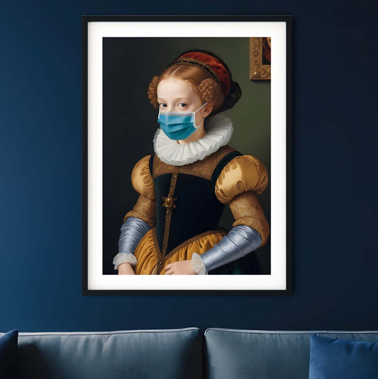 a painting of a woman wearing a face mask
