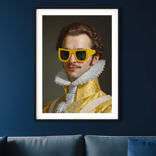 a portrait of a man wearing yellow sunglasses