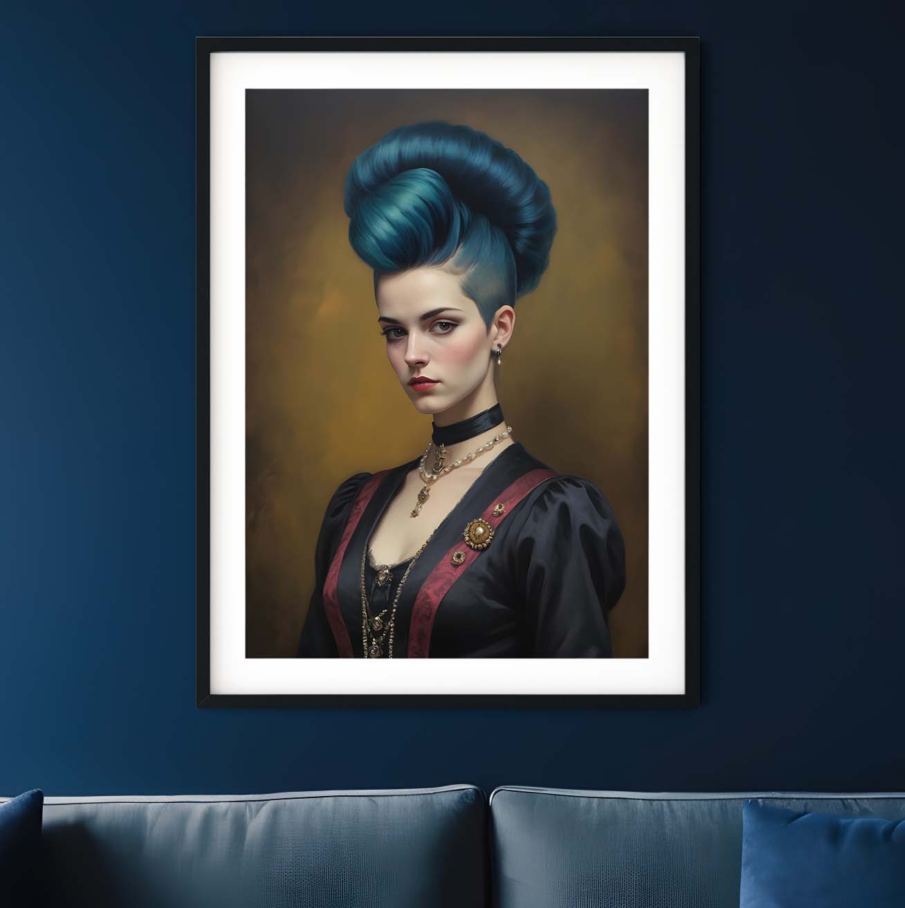 a painting of a woman with blue hair