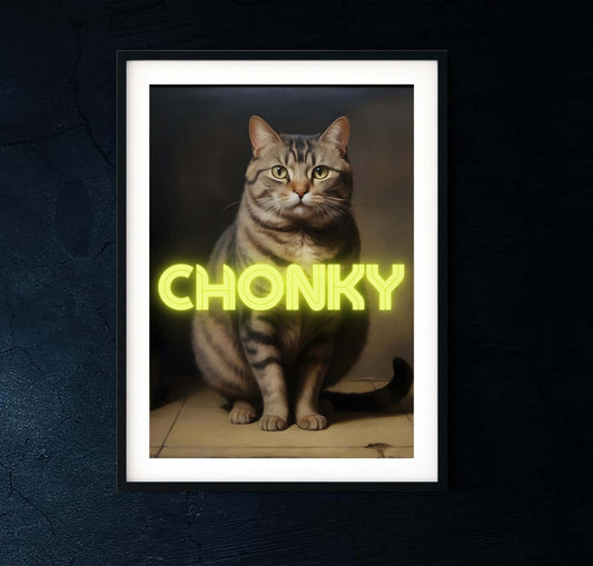 Chonky neon art cat portrait, altered art antique oil painting print