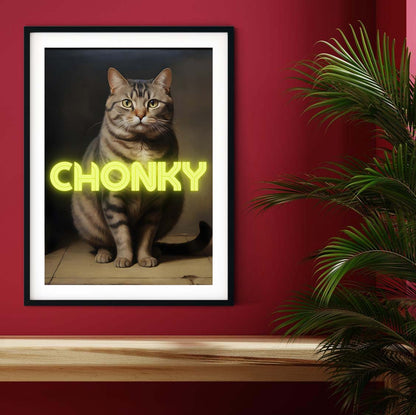 Chonky neon art cat portrait, altered art antique oil painting print