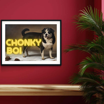 Chonky Boi neon art, altered art antique oil painting dog art print