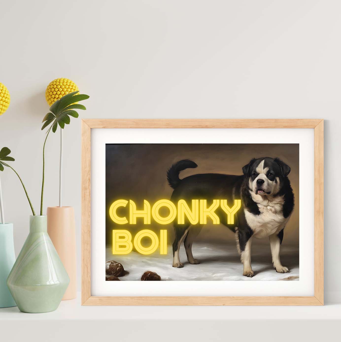 Chonky Boi neon art, altered art antique oil painting dog art print
