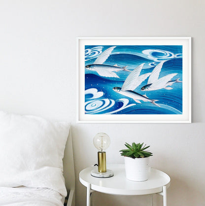 Japanese Fish Print, Flying fish traditional seascape Japanese Art Print