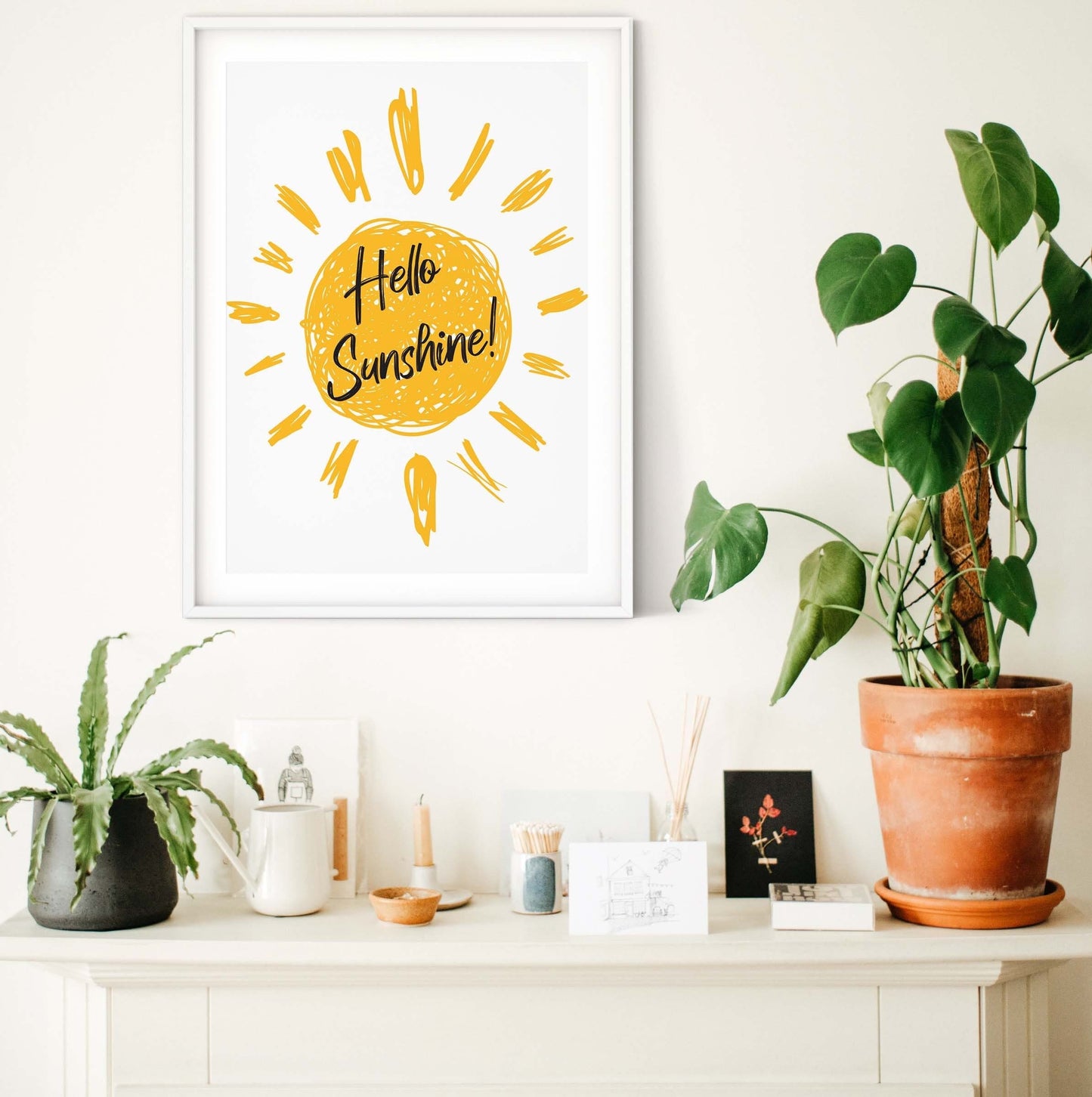 Hello Sunshine Illustration Print, Nursery décor positive quote art print, Playroom art rise and shine framed print, You are my sunshine