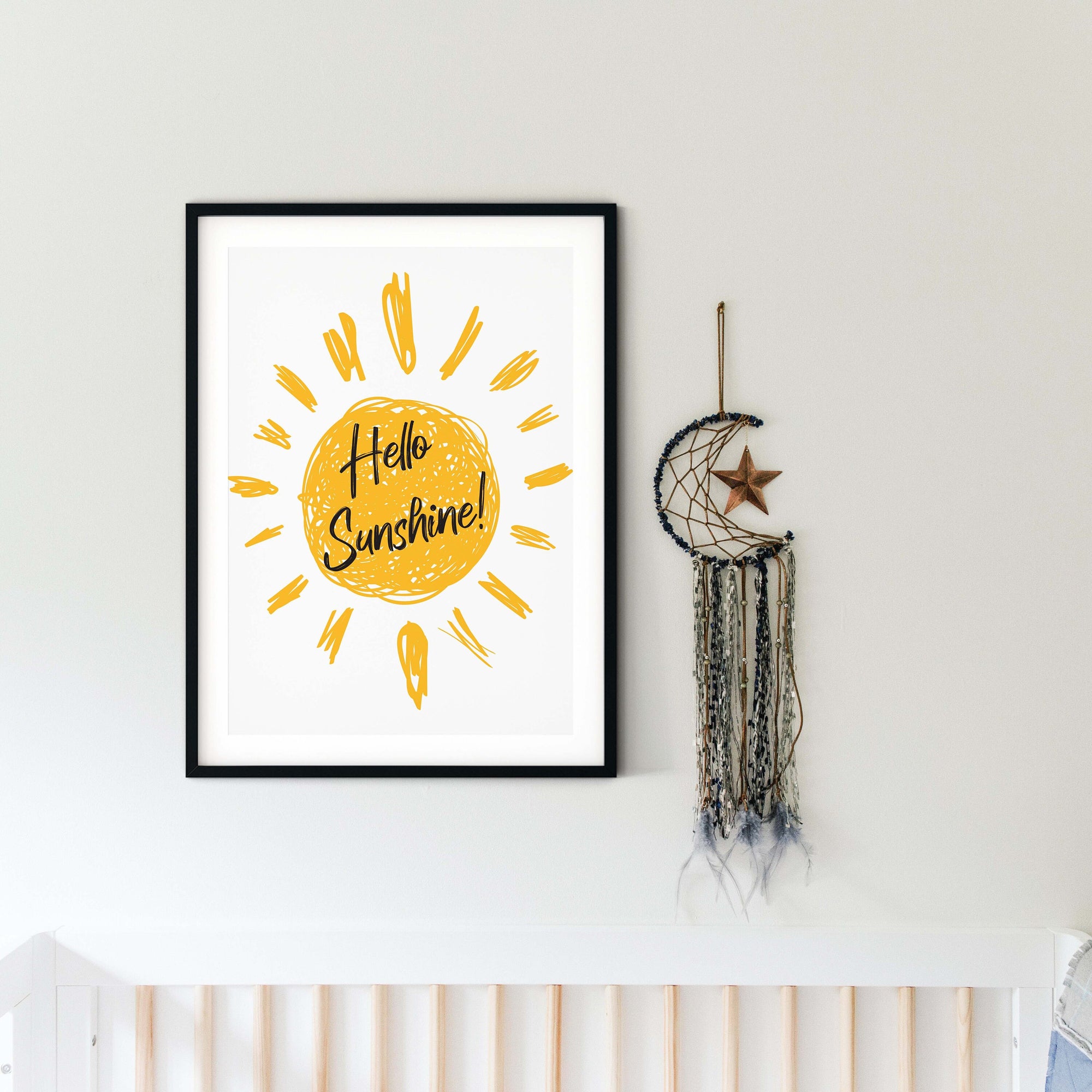 Hello Sunshine Illustration Print, Nursery décor positive quote art print, Playroom art rise and shine framed print, You are my sunshine