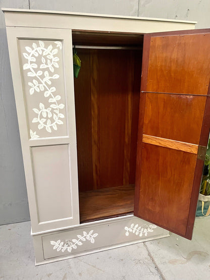 Large Upcycled hand painted vintage wardrobe with Scandinavian style floral design