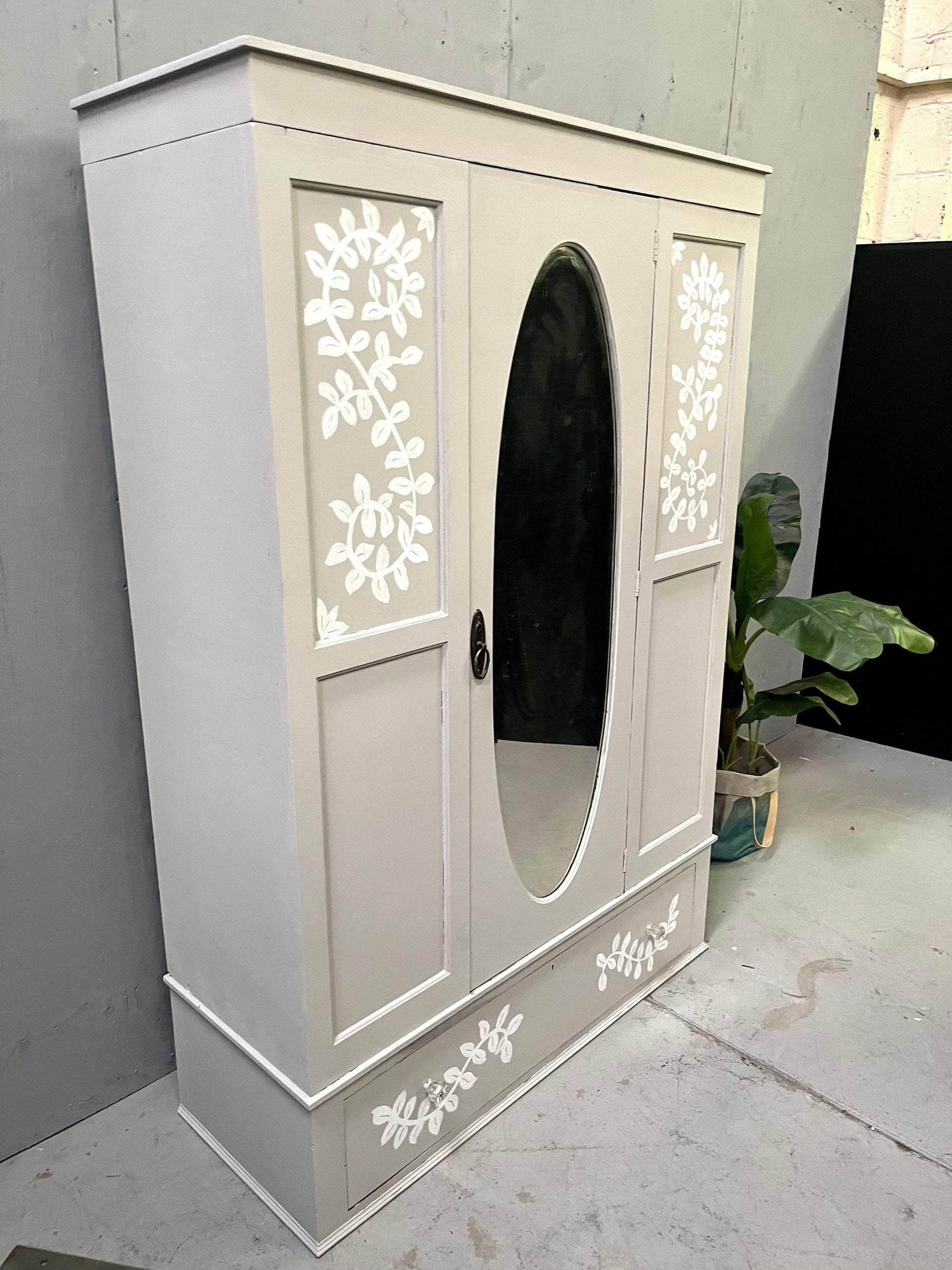 Large Upcycled hand painted vintage wardrobe with Scandinavian style floral design