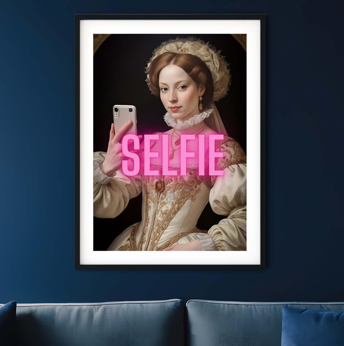 a picture of a woman holding a cell phone with the word selfie underneath it
