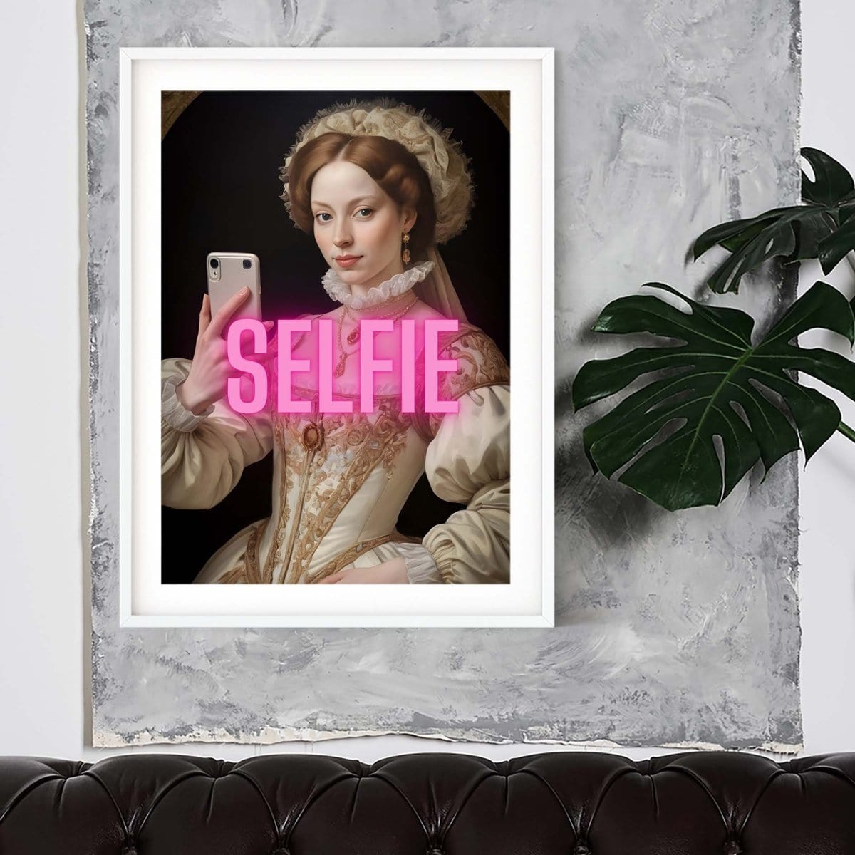 a picture of a woman holding a cell phone with the word selfie underneath it
