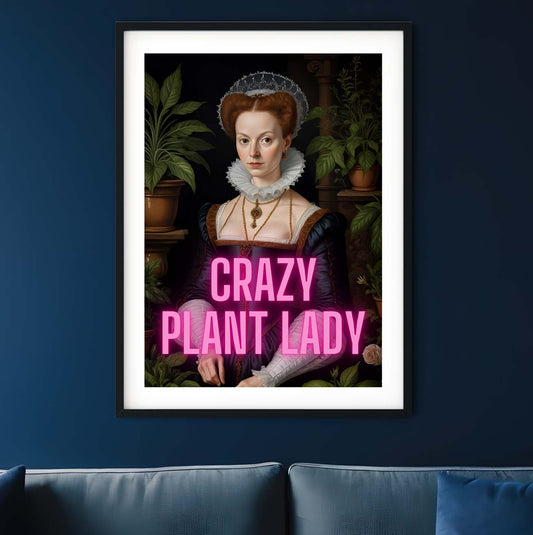 a picture of a woman with a pink sign that says crazy plant lady