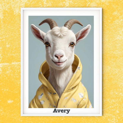 Baby Goat print in a raincoat, personalised nursery prints gift for kids