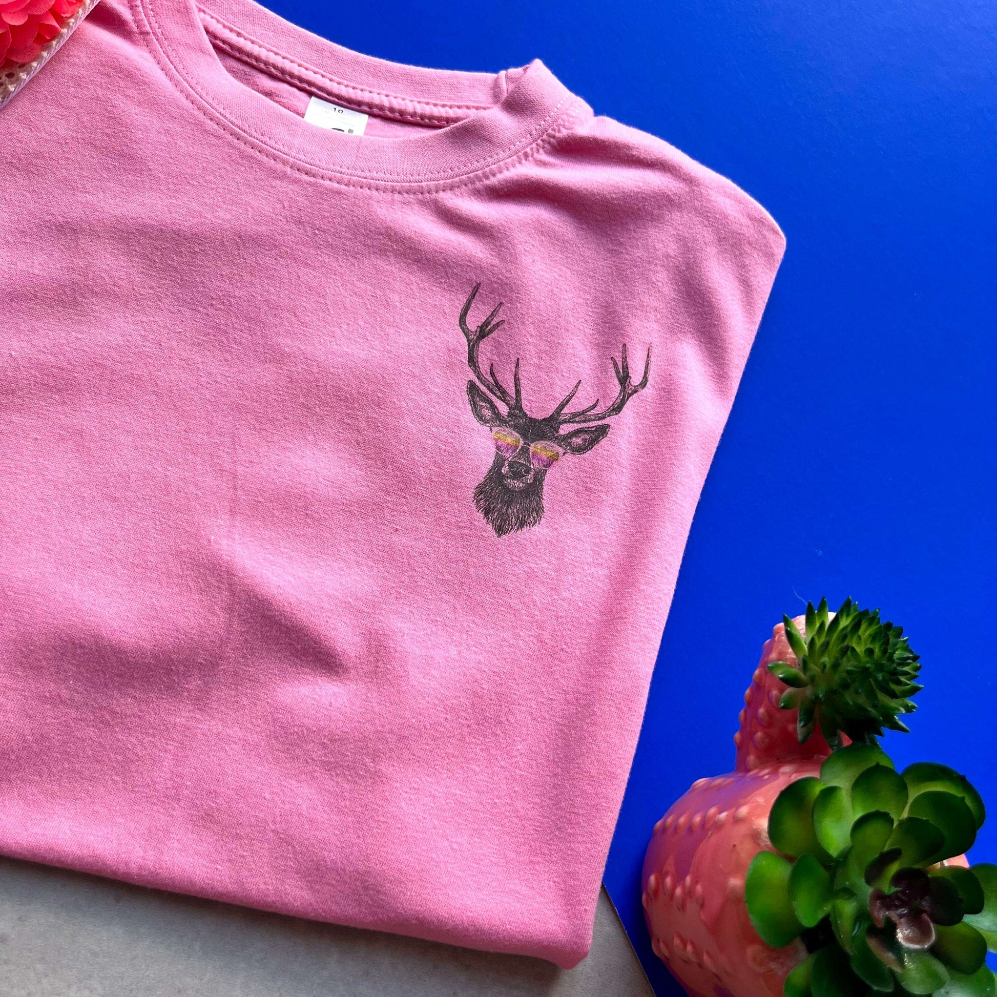 Deer print T Shirt, white or pink womens stag shirt graphic tee