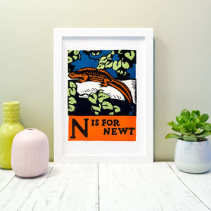 N is for Newt print, animal alphabet letter N print newt nursery art print
