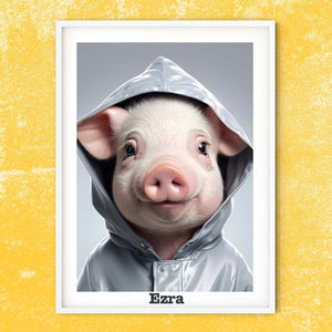 Baby clothed Pigs print, neutral grey personalised nursery prints