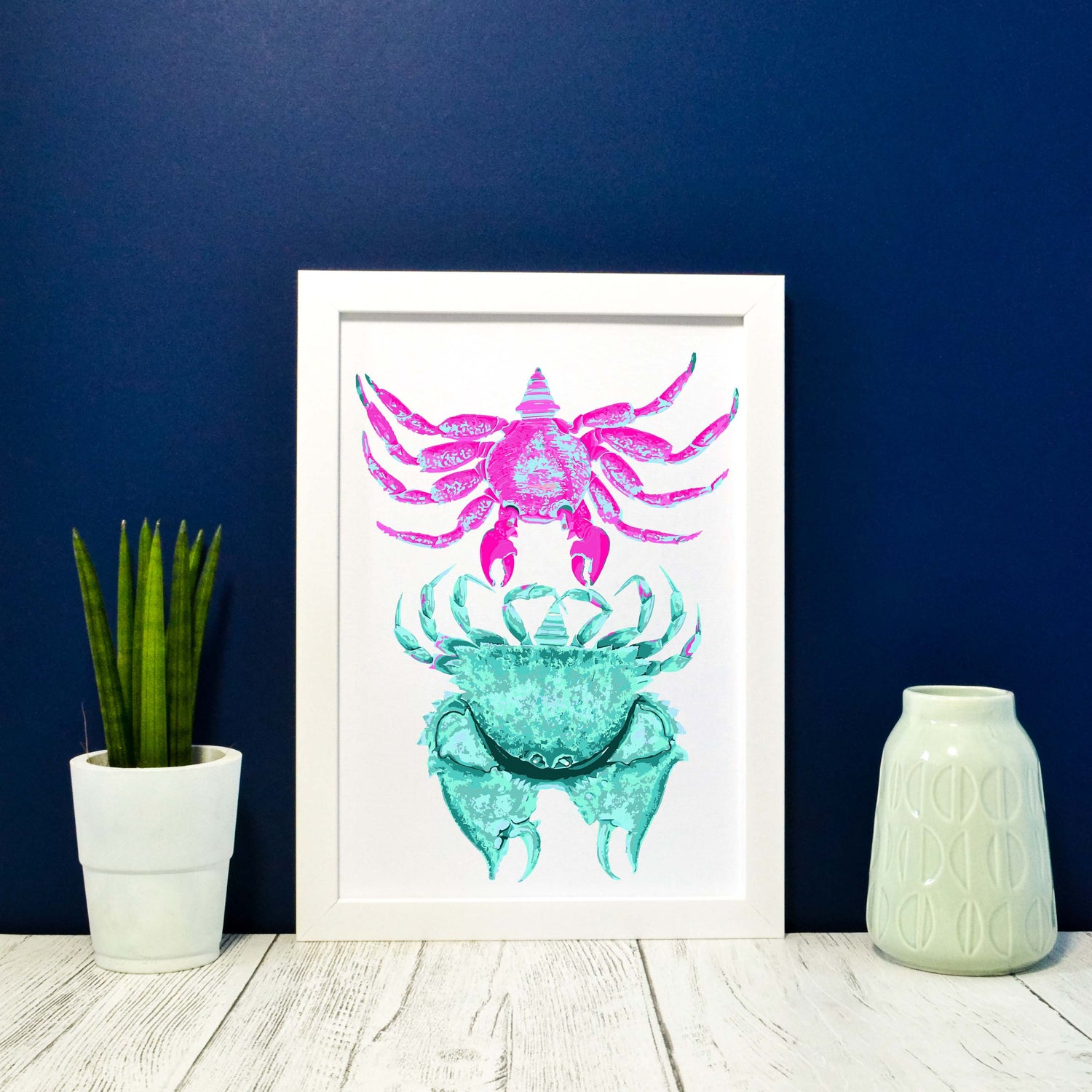 Pink and blue antique Crab illustration Print Vintage Animal Prints