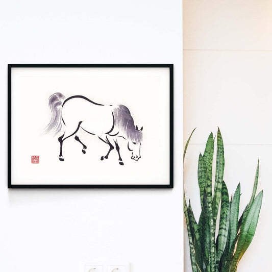 Framed Japanese Horse Wall art Print, White Horse Japanese Art print Japanese Art Print