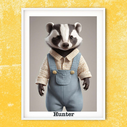 Baby Badger print, personalised name gift nursery prints