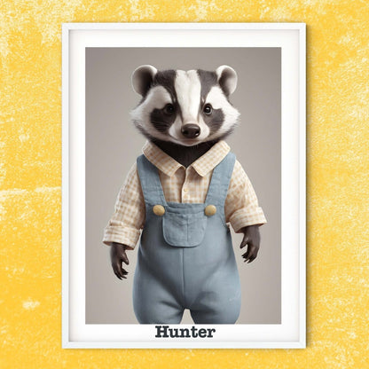 Baby Badger print, personalised name gift nursery prints